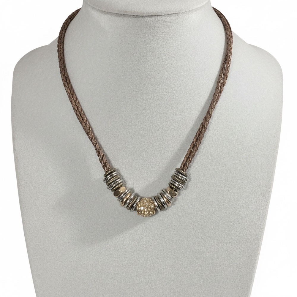 Braided Cord Necklace Gold Silver Tone Discs Faux Diamond Barrel Bead Jewelry